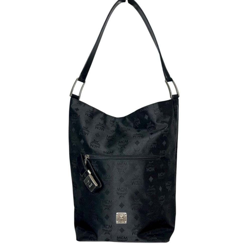 MCM Germany Large Black Canvas Leather Tote Bucket Bag Silver Hardware Vintage